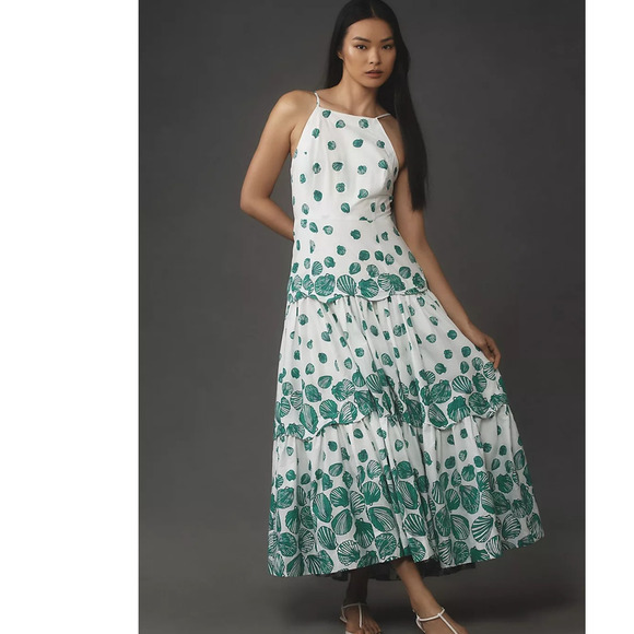 NWT Anthropologie Maeve Halter Tiered Maxi Dress $188 LARGE White Green - Picture 1 of 7